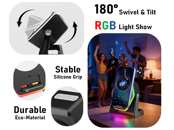 Text reads '180° Swivel &amp; tilt', 'RGB Light Show', 'Silicone Grip', 'Stable', 'Durable', 'Eco-Material'. Product features demonstration with RGB lighting effects.