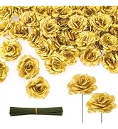 Youeon 100 Pcs 3.5 Inch Gold Artificial Rose Heads with Stems, Silk Rose Faux Flower Heads Bulk f...
