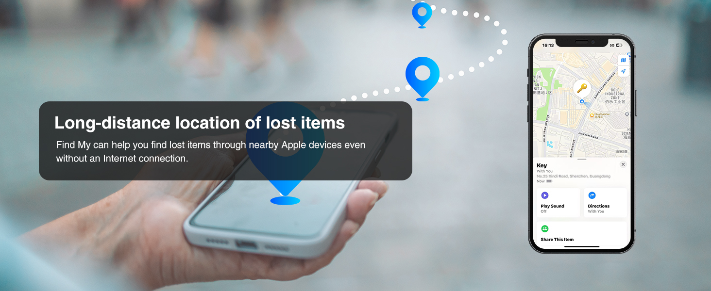 Text reads 'Long-distance location of lost items'. Image shows hand holding smartphone with map interface and location markers, alongside iPhone screen showing map.