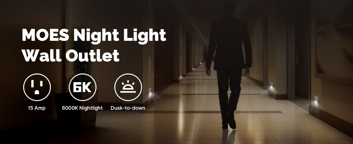 A person walks safely in a dark hallway, guided by the MOES 15A outlet's automatic 6000K light.