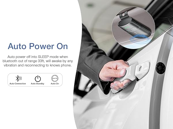 Text reads 'Auto Power On'. Interface display showing wireless connectivity options with power and bluetooth icons on a car dashboard setup.