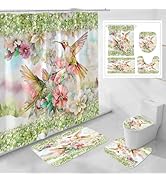 Litabel 4 Pcs Green Hummingbird Flower Shower Curtain Sets with Rugs for Bathroom Decor, Rustic F...