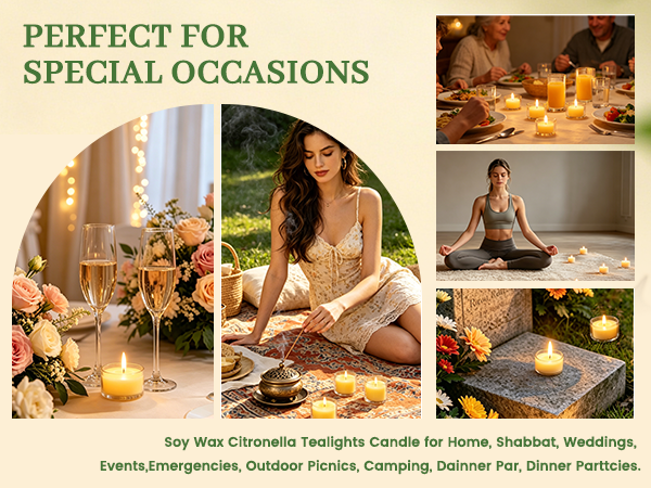 Citronella tealights for home, weddings, Shabbat, events, camping, picnics, dinners and emergencies.
