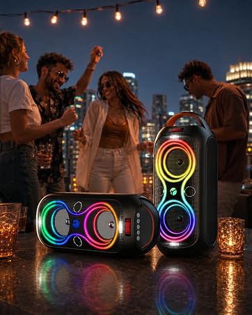 friends playing around the portable speaker