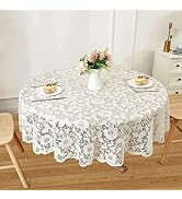 WUBODTI Ivory White Lace Tablecloth Round 60 Inch, Vintage Floral Lace Christmas Table Cloths Cov...