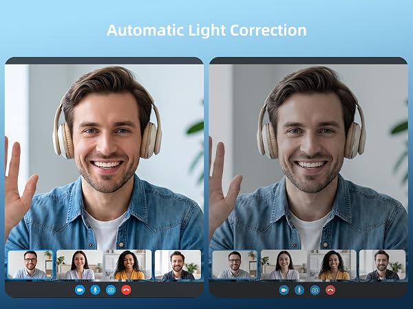 Text reads 'Automatic Light Correction'. Split-screen comparison showing male faces wearing white headphones. Left side appears darker, right side brighter, demonstrating automatic lighting adjustment feature in image processing.