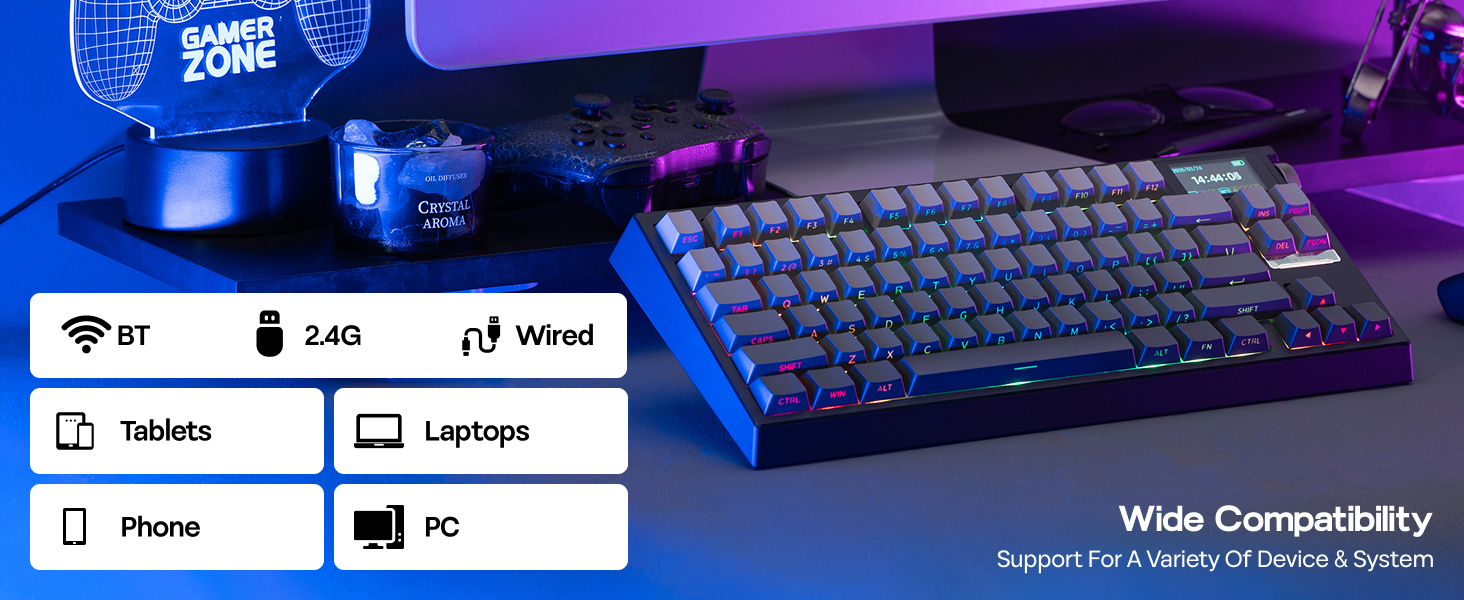 Text reads 'Wide Compatibility' with icons for Tablets, Laptops, Phone, and PC. Gaming keyboard in purple-blue lighting with device compatibility symbols.