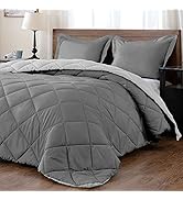 downluxe Lightweight Solid Comforter Set (King) with 2 Pillow Shams - 3-Piece Set - Charcol and G...