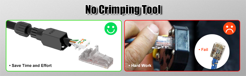Comparison of network cable connectors. Left image shows easy plug-in connector. Right image displays traditional crimping method with tools and loose wires.