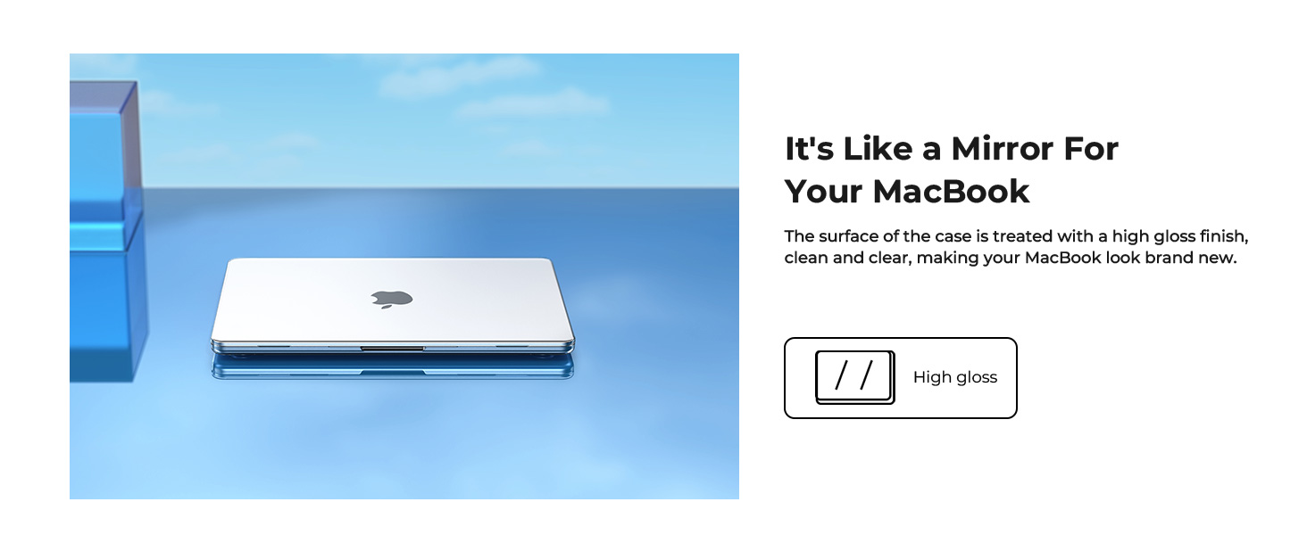 Silver laptop closed on blue surface. Text reads 'It's Like a Mirror For Your MacBook' with small diagram showing laptop and mirror-like screen.