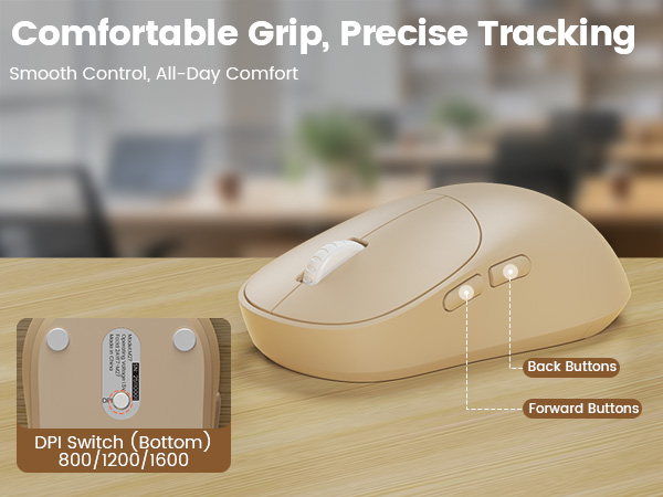 wireless mouse showing DPI switch 800 1200 1600 with forward and back buttons for precise tracking