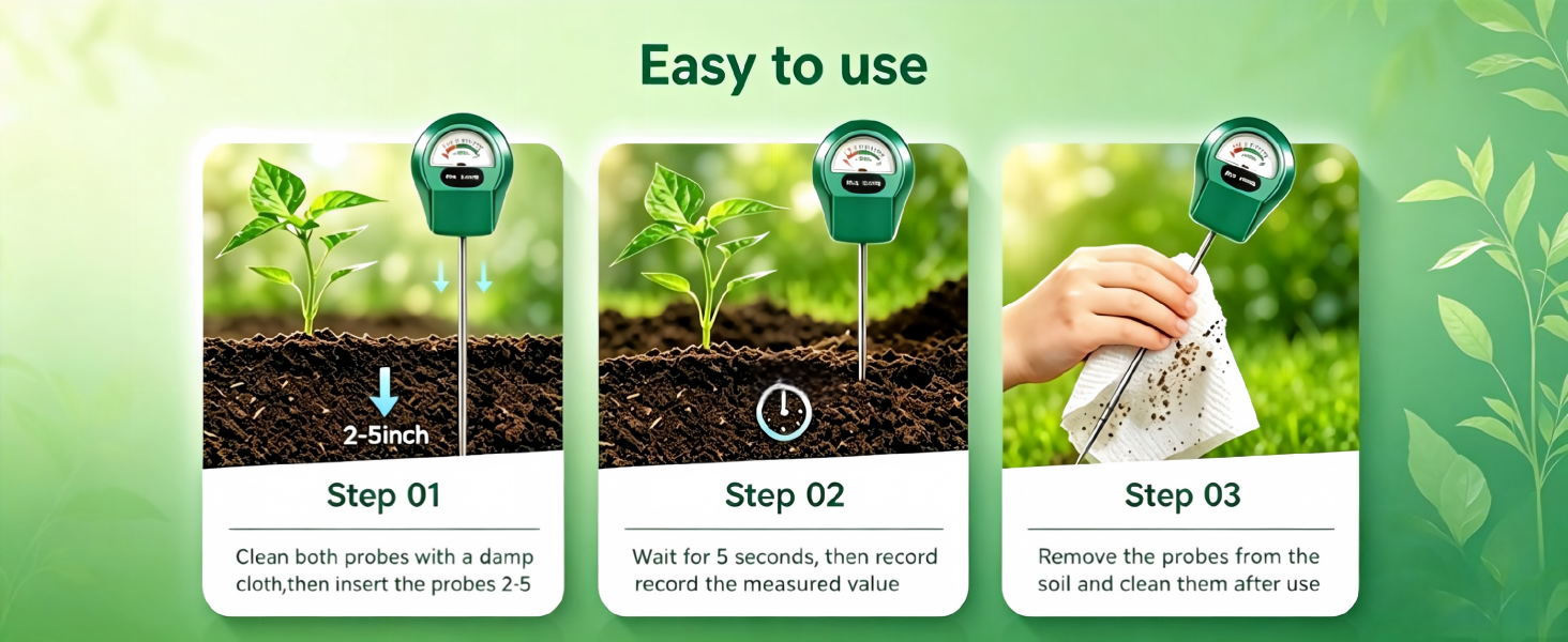 3-step usage tutorial of soil moisture tester, easy-to-use plant soil moisture meter for garden