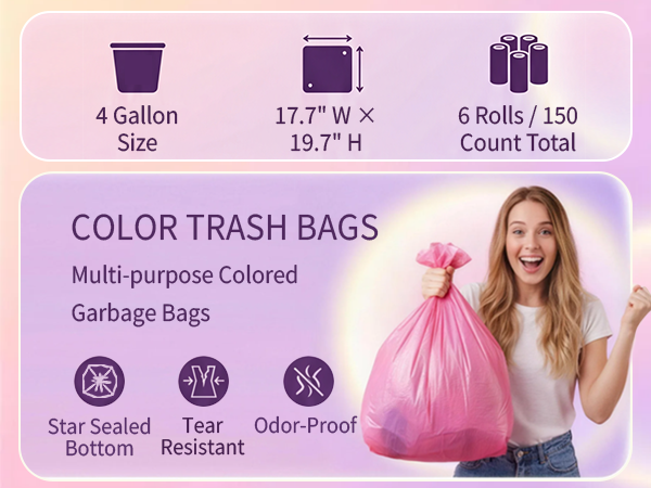 4Gallon Trash Bags -15 Liter Colored Small Garbage Bags Unscented Can Liners