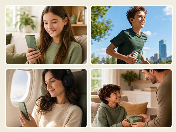 Sage green PECSU G4 music player used at home, while running, on a flight, and as a gift.