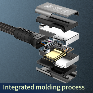 Exploded view of a cable connector showing integrated molding process. Multiple layers and components visible, including metal contacts and plastic housing parts.