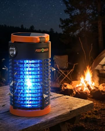 Showing FosPower bug zapper in used, zapping mosquitoes in a campground setting.