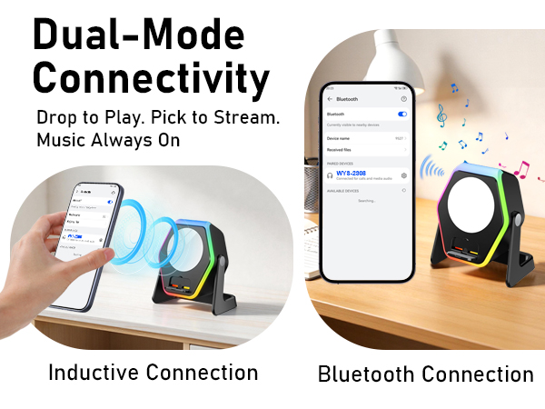 Text reads 'Dual-Mode Connectivity', 'Inductive Connection', 'Bluetooth Connection'. Product demonstration showing wireless charging and connection options for mobile devices.