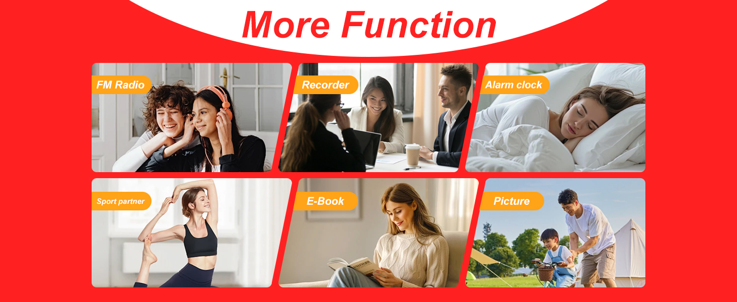 Collage of seven images showcasing various functions: fall asleep, meeting, sleep deeply, body shape, e-book, nature, and another showing people interacting. Red banner with 'More Function' text.