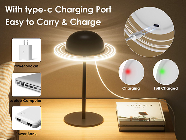 Text reads 'With type-C Charging Port' and 'Easy to Carry &amp; Charge'. Product demonstration of LED desk lamp showing charging states and illumination features.
