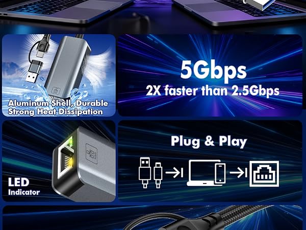 This laptop network adapter has both USB C and USB A dual connection, compatible with more device.