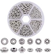 PH PandaHall 300pcs 6 Style Antique Silver Spacer Beads, Tibetan Metal Alloy Jewelry Beads Tube S...
