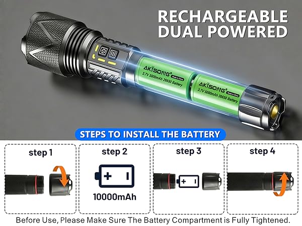 High Capacity Flashlight Use 2pcs 5,000mAh Rechargeable Batteries, Overall Battery Life is 5-8h.