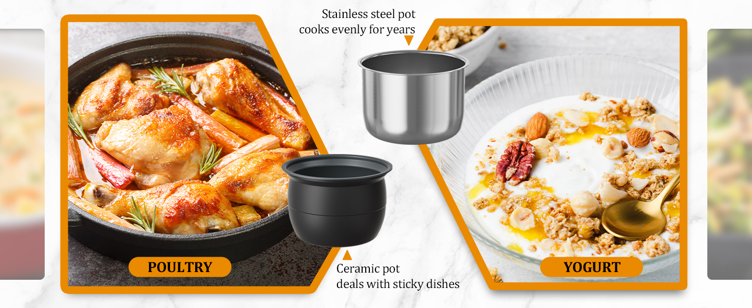 Ceramic pot conquers sticky disasters while stainless steel poy maintains perfect heat for decades