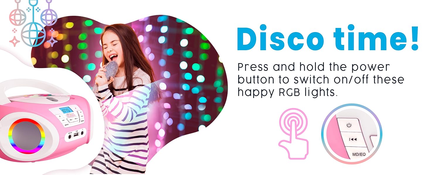 Text reads 'Disco time!' with colorful LED light display product featuring various patterns. Instructions indicate 'Press and hold the power button to switch on/off these happy RGB lights.'