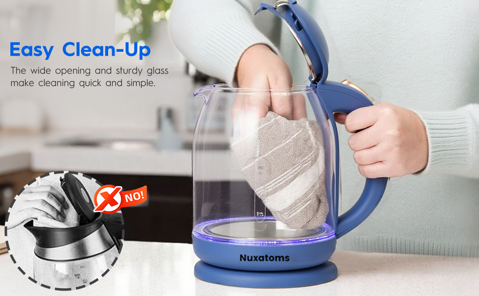 Wide mouth glass electric kettle opening showing easy clean interior design.