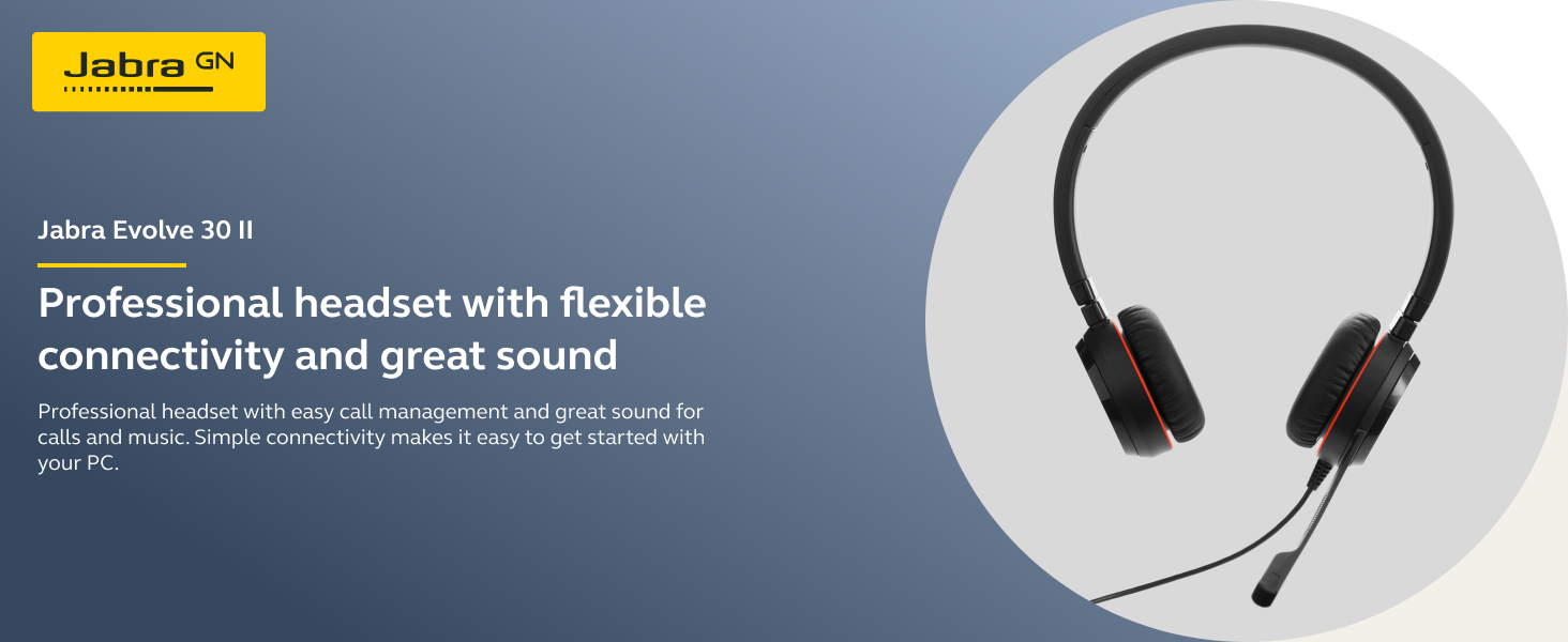 Jabra Evolve 30 II, Professional corded headset USB headset, Call control headset,, On-ear headband