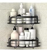 STEUGO Black Corner Shower Caddy Adhesive Bath Corner Caddy Shower Organizer with Hooks Wall Moun...