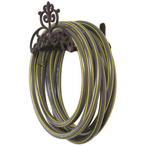 Wall Mounted Brown Cast Iron Hose Reel, Water Hose Holder with Vintage Scrollwork Design