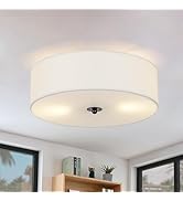 CALOKES Flush Mount Ceiling Light Fixture, 13" Close to Ceiling Light with White Fabric Linen Dru...
