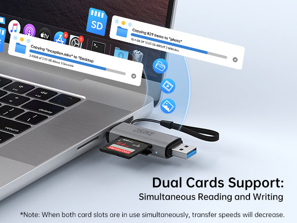 Text reads 'Dual Cards Support', 'Simultaneous Reading and Writing'. Demonstration of dual card reader functionality with laptop and memory cards.