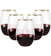 FOCUSLINE 20 Pack 16 Oz Plastic Wine Glasses | Stemless Wine Cups, Heavy Duty Gold Rim Plastic Un...