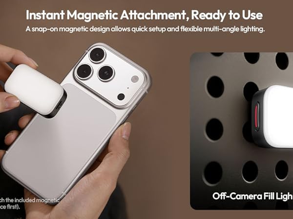 Text reads: 'Instant Magnetic Attachment, Ready to Use' and 'Off-Camera Fill Lighting | Camera Kit'. Split image showing magnetic camera attachment being installed and final mounted position.