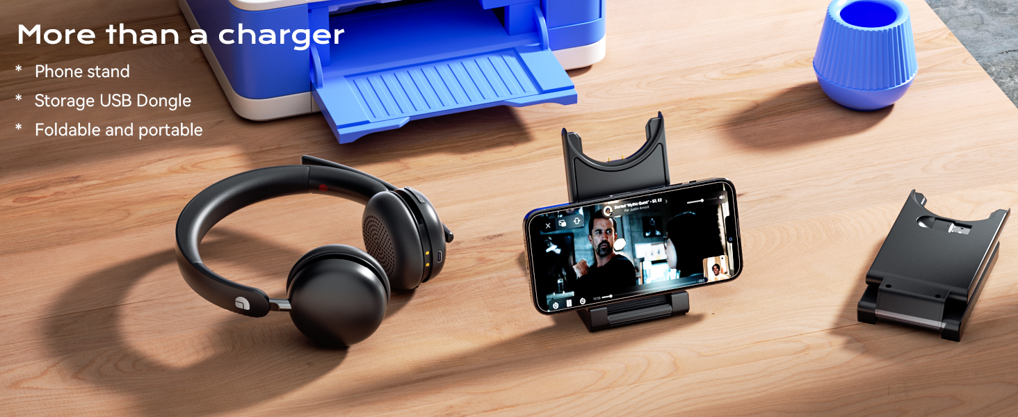 This wireless headset&amp;#39;s charging base is multi-functional