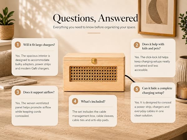 FAQ about capacity, airflow, safety and accessories of the wooden cable management box.