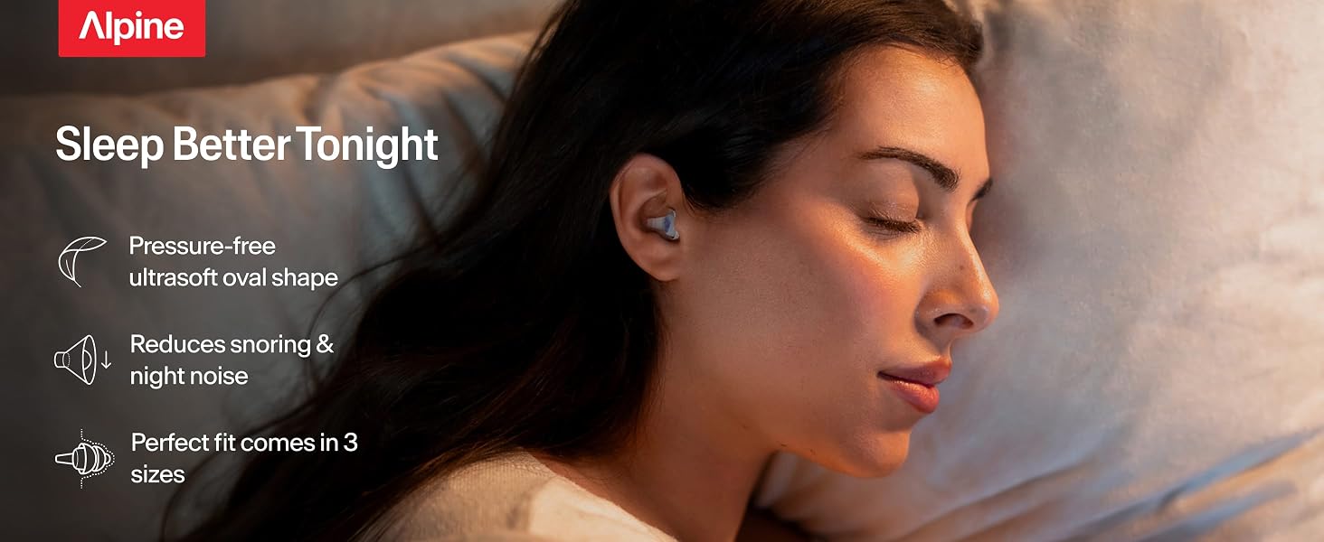 Woman sleeping with Alpine SleepDeep earplugs, pressure-free oval shape in three sizes