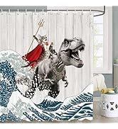 JAWO Funny Cat Shower Curtain, Japanese Ocean Wave Cat Riding Dinosaur Shower Curtain Nautical Ki...