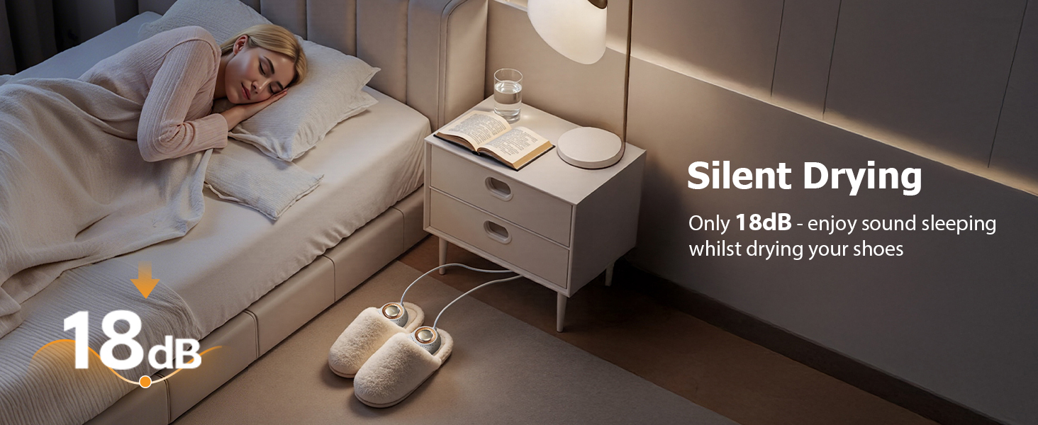 Text reads 'Silent Drying' and '18 dB'. Shows person sleeping next to bedside table with device, emphasizing quiet operation feature.