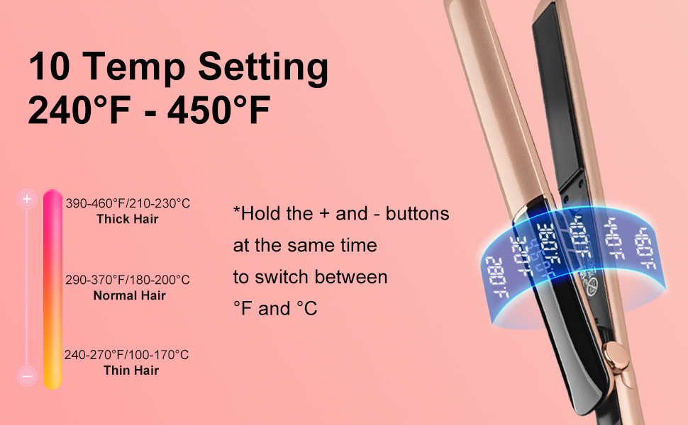 Text reads '10 Temp Setting 240°F - 450°F' and 'Hold the + and - buttons at the same time to switch between °F and °C.' Pink background showing hair styling tool with dual black handle and blue temperature control dials.