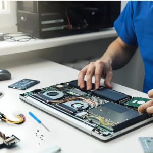 Series of images showing laptop repair or maintenance process, with technician hands working on dismantled laptop components on workspace.