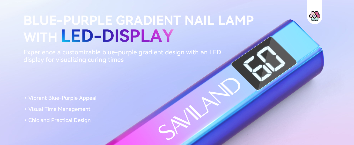 Blue-purple gradient nail lamp with LED display, showing '60' on the screen. Product is labeled as 'Saviland' brand.