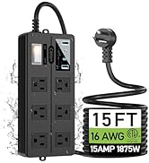 VNJ Outdoor Power Strip with 6AC Outlets + 4USB Ports, IPX6 Waterproof Surge Protector, Safety Lo...