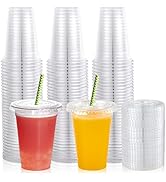 [200 PACK] 10 oz Clear Plastic Cups With Flat Lids, Disposable Drinking Cups, 10 oz Plastic Cups ...