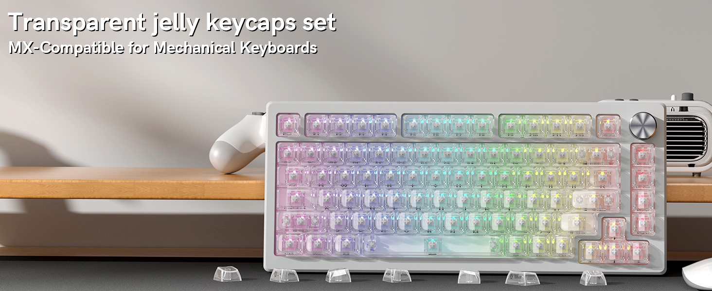 White Clear keycaps,Transparent keycaps,Ceramic Jelly Key caps Set,Shine Through keycap Side Printed