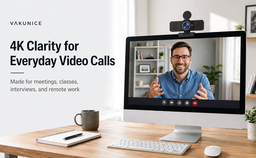 4K webcam mounted on monitor for video calls, meetings, classes, interviews, and remote work