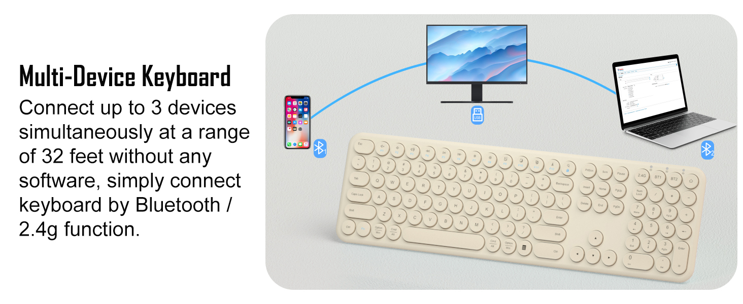 Quiet Bluetooth Keyboard - Multi-Device Aesthetic Wireless Keyboard