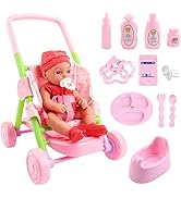 deAO Baby Doll Stroller Set Doll Playset with Smooth Rolling 11Pcs Baby Doll Feeding Accessories ...